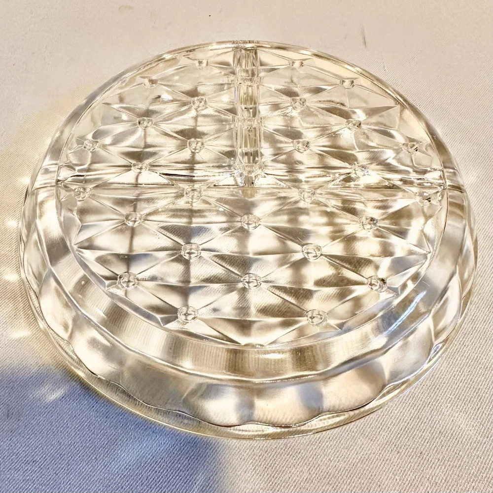 Vintage Depression Glass Clear Pressed Glass Diamond Divided Serving Dish-6”D